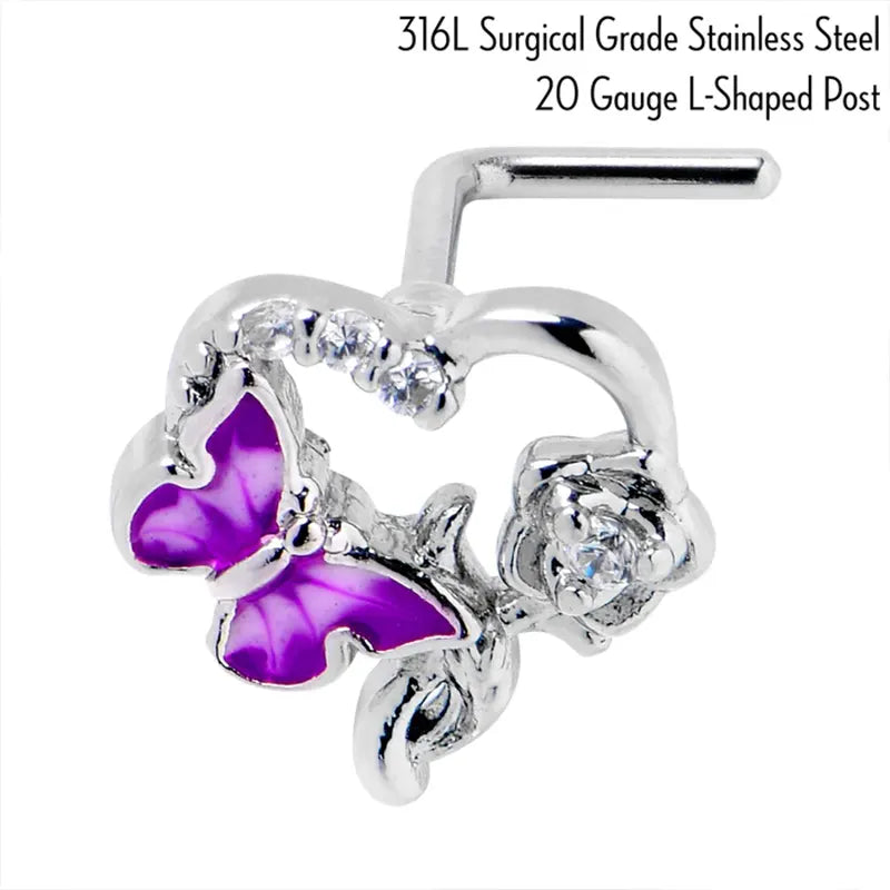 20G 7mm Clear CZ Butterfly & Rose Flower Purple L-Shaped Nose Stud