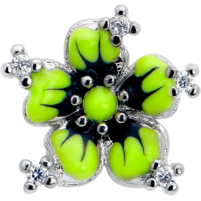 16G Clear CZ Gem Green Flower Flatback Earring