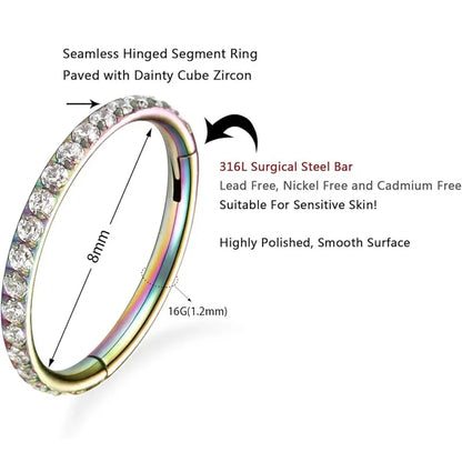 GAGABODY 316L Surgical Steel 6mm Hinged Nose Ring Seamless Hoop Earrings 16G Body Jewelry Piercing with CZ Helix Rook Snug Daith Tragus Rainbow