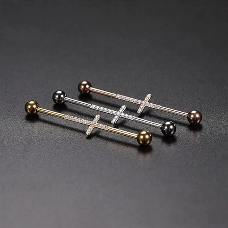 14G Surgical Steel Silver with Cross CZ 1/2" Industrial Barbell