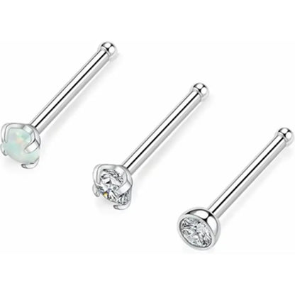 G23 Titanium Bone Nose Rings 20g Prong Set 2mm CZ and Opal 3pcs Nose Stud Rings 7mm Nostril Piercing Jewelry 20 Gauge Bone Shape Nose Jewelry for Women Diamond Paved Piercing Jewelry for Nostril