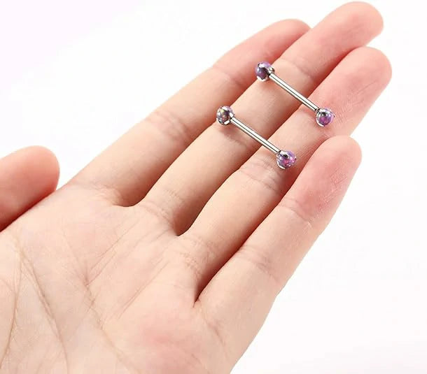 14G Nipple Piercings Purple Opal Nipple Rings Nipple Barbells Internally Threaded Tongue G23 Titanium Nipple Jewelry Prong Set Nipple Ring 14mm Silver Barbell Nipple Rings Titanium Nipple Piercing