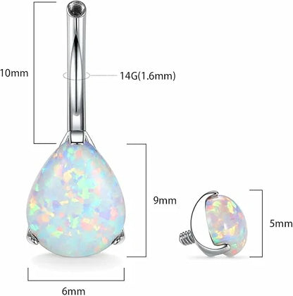 GAGABODY 14G Belly Piercing Jewelry White Opal G23 Titanium Barbell Internally Threaded Belly Silver Body Piercing Ring 3/8" Body Jewelry Belly Rings Water Droplets Belly Button Rings