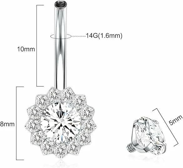 GAGABODY 14G Titanium Belly Button 10mm Belly Button Rings Belly Ring Flower Shape Clear Cubic Zirconia Piercing for Navel Body Jewelry for Women Silver Belly Piercings