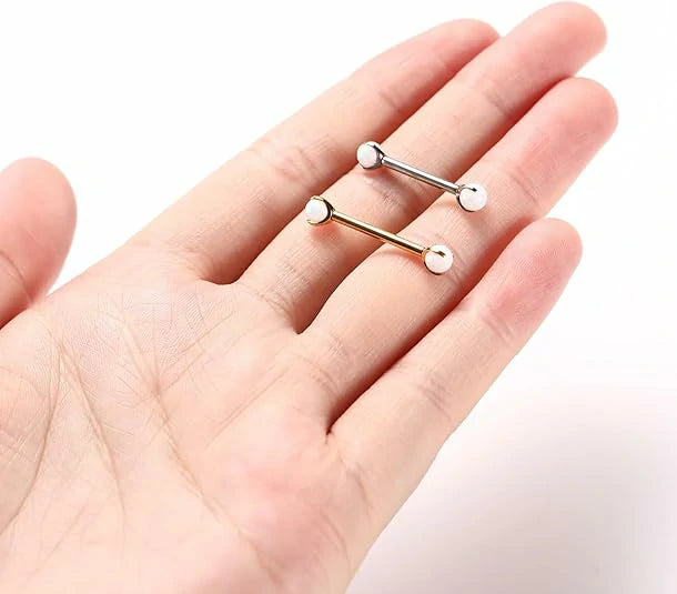 GAGABODY 14G Nipple Piercings Gold Nipple Rings Nipple Barbells With White Opal Internally Threaded Tongue G23 Titanium Nipple Jewelry Prong Set Nipple Ring 12mm Nipple Piercing