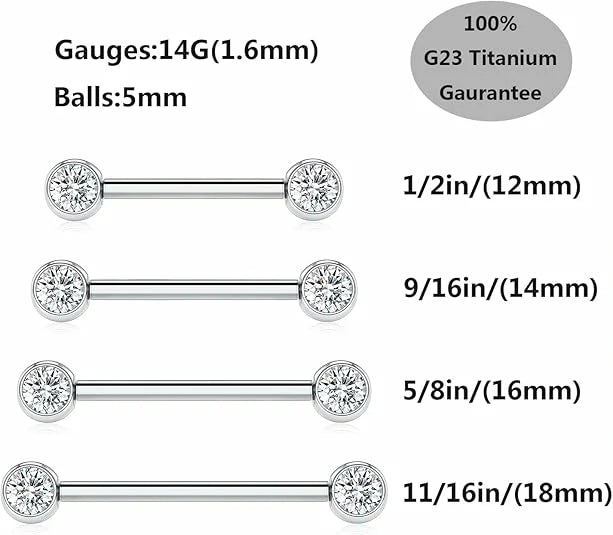 GAGABODY Nipple Barbells 14G Nipple Piercings Clear CZ Nipple Rings G23 Titanium Nipple Jewelry Nipple Ring for Women 14mm Silver Barbell Nipple Rings