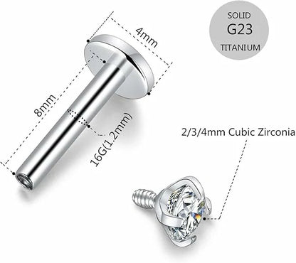 GAGABODY G23 Titanium 16G 6/8/10mm Clear CZ/Opal Internally Threaded Labret Monroe Lip Studs 6mm Helix Cartilage Tragus Earring Piercing