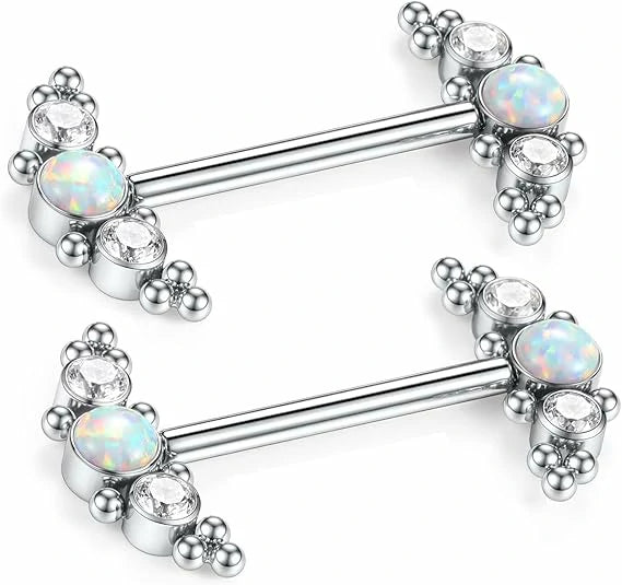 GAGABODY Titanium Nipple Rings Internally Threaded Nipple Barbell 14G Nipple Rings for Women G23 Solid Titanium Silver Nipple Piercings CZ & White Opal Nipple Barbells 14mm Nipple Jewelry