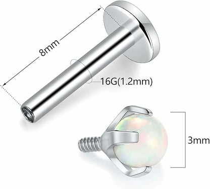 GAGABODY G23 Titanium 16G 3mm Opal Internally Threaded Labret Helix Cartilage Tragus Monroe Lip Studs Earring Piercing 8mm