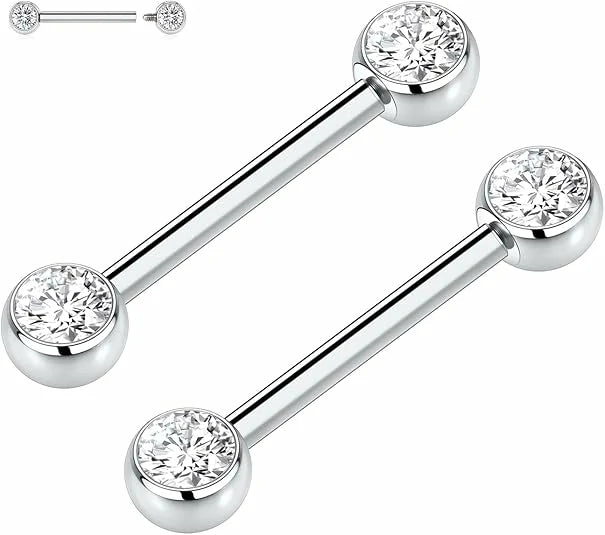 GAGABODY Nipple Barbells 14G Nipple Piercings Clear CZ Nipple Rings G23 Titanium Nipple Jewelry Nipple Ring for Women 14mm Silver Barbell Nipple Rings