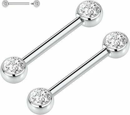 GAGABODY Nipple Barbells 14G Nipple Piercings Clear CZ Nipple Rings G23 Titanium Nipple Jewelry Nipple Ring for Women 14mm Silver Barbell Nipple Rings