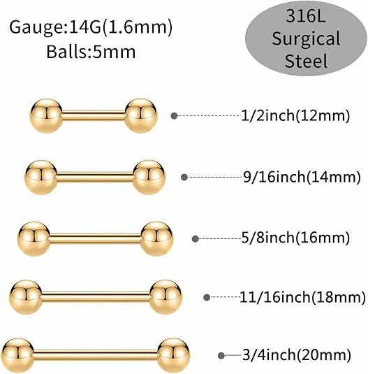 GAGABODY 14G Nipple Rings 12mm Nipple Piercings Gold Nipple Barbells16mm Nipple Jewelry 18mm Long Bar Nipple Ring 20mm Stainless Steel Tongue Barbell 14mm Barbells Piercing Jewelry for Women men