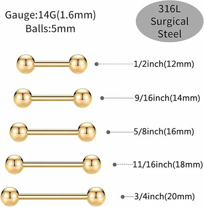 GAGABODY 14G Nipple Rings 12mm Nipple Piercings Gold Nipple Barbells16mm Nipple Jewelry 18mm Long Bar Nipple Ring 20mm Stainless Steel Tongue Barbell 14mm Barbells Piercing Jewelry for Women men