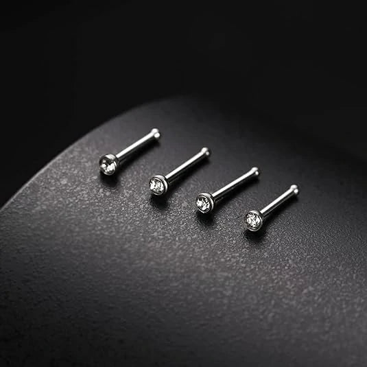 GAGABODY Grade 23 Titanium Bone Nose Rings for Women 4pcs 20 Gauge 7mm 20g Nose Stud Set Diamond Paved Piercing Jewelry for Nostril 2.0mm CZ Studs