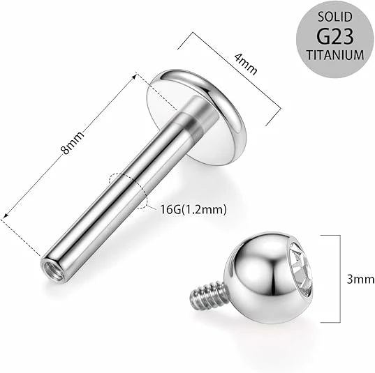 GAGABODY G23 Titanium 16G 6/8/10mm Clear CZ/Opal Internally Threaded Labret Monroe Lip Studs 6mm Helix Cartilage Tragus Earring Piercing