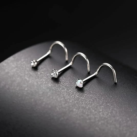 Nose Screws Nostril Curves Nose Hoops Nose Piercing Jewelry Nose Rings 20 Gauge 7mm Grade 23 Titanium 20g Nose Stud Set Nose Studs 20G 3Pcs Nostril Piercing Jewelry Prong Set 2mm CZ and Opal Studs