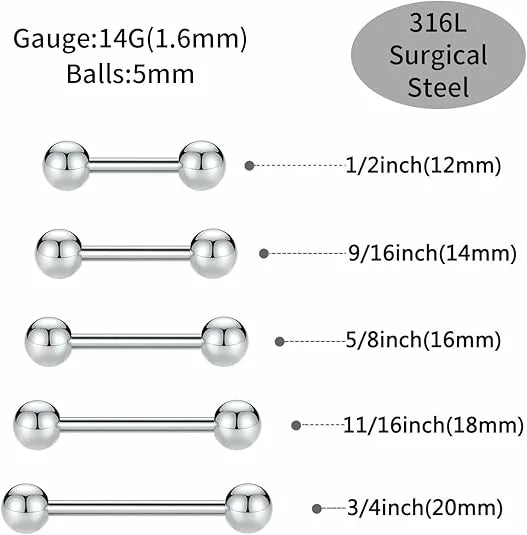 14G Nipple Rings for Women 12mm Nipple Piercing Silver Nipple Jewelry 14mm Stainless Steel Nipplerings Tongue Barbell 16mm Straight Nipple Piercing Jewelry 18mm Silver Barbells Piercing Jewelry 20mm