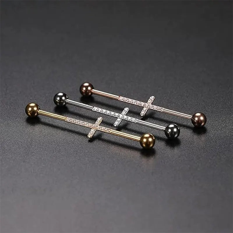 14G Surgical Steel Rose Gold with Cross CZ 1/2" Industrial Barbell