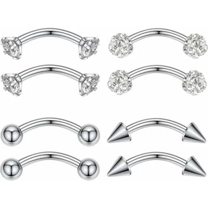 GAGABODY 4Pair 8mm 316L Surgical Steel Rook Eyebrow Daith earrings Prong Set Gem Sparkles Internally Threaded Curved Barbell