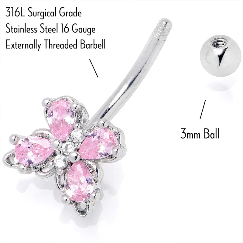 16G 5/16 Pink Gem Elegance Butterfly Curved Eyebrow Ring