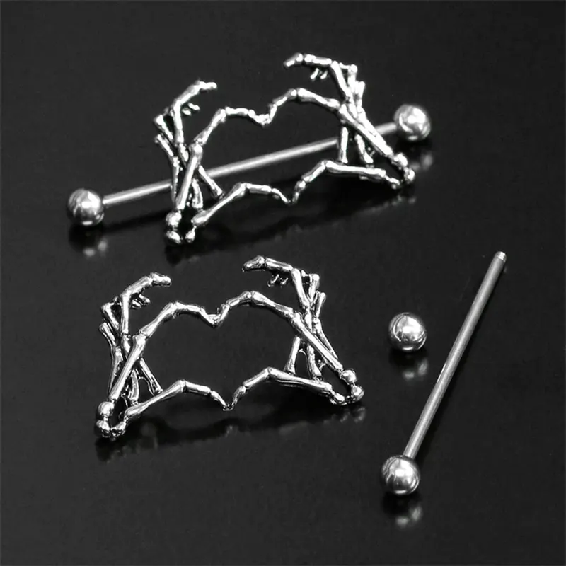 Skeleton Hand Heart Nipple Barbell Shield Set