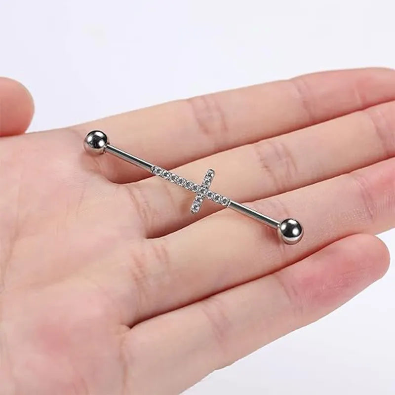 14G Surgical Steel Silver with Cross CZ 1/2" Industrial Barbell