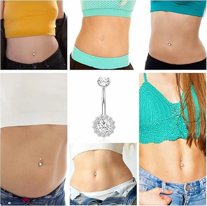 GAGABODY 14G Titanium Belly Button 10mm Belly Button Rings Belly Ring Flower Shape Clear Cubic Zirconia Piercing for Navel Body Jewelry for Women Silver Belly Piercings