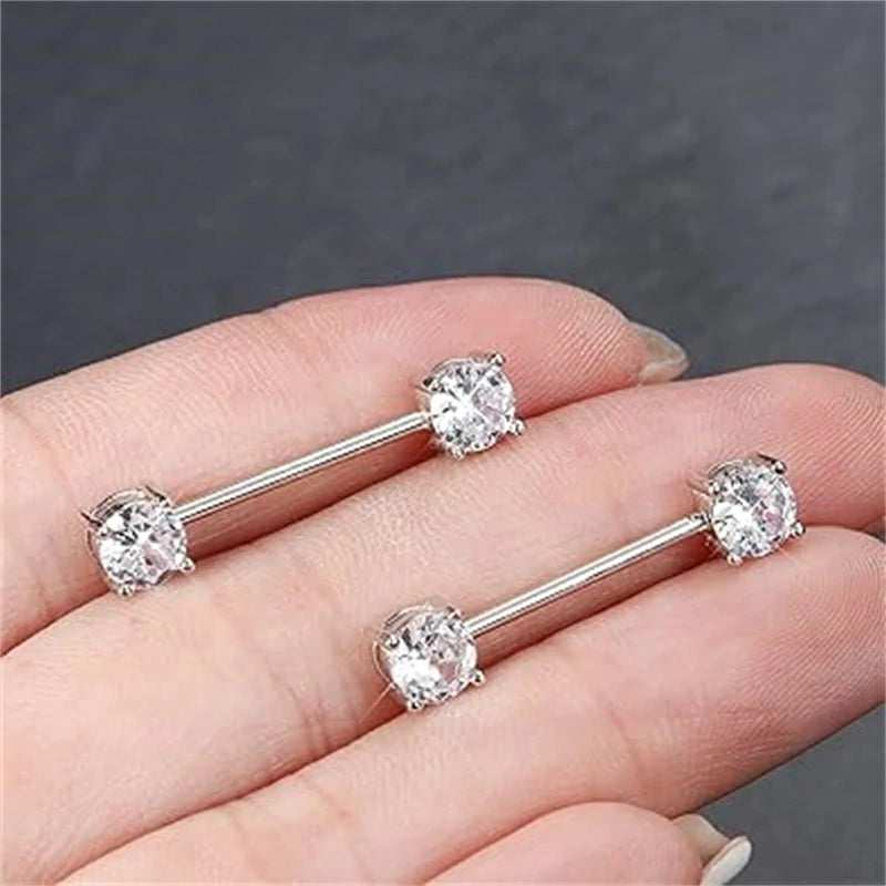 2PCS Sterling Silver 16G CZ Nipple Baraells