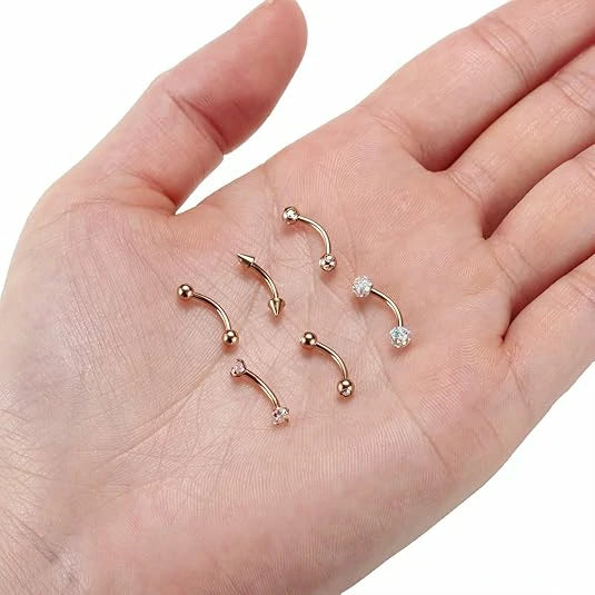 GAGABODY 6pcs Stainless Steel 5/16" Rook Daith Earrings Belly Lip Ring Eyebrow Studs Cartilage Tragus Cubic Zirconia Barbell Body Piercing 8mm Rose Gold