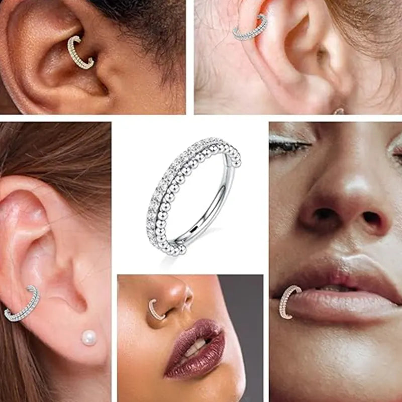 GAGABODY Silver Bead and CZ Septum Clicker with Hoop Earrings