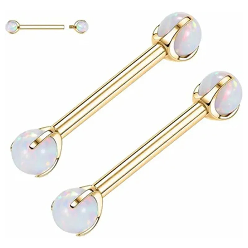 GAGABODY 14G Nipple Piercings Gold Nipple Rings Nipple Barbells With White Opal Internally Threaded Tongue G23 Titanium Nipple Jewelry Prong Set Nipple Ring 12mm Nipple Piercing