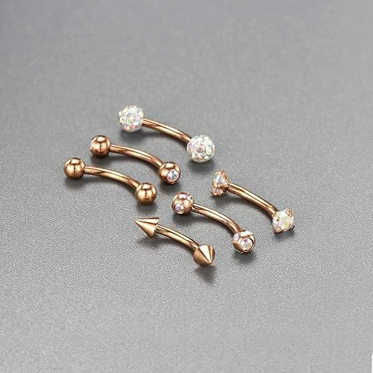 GAGABODY 6pcs Stainless Steel 5/16" Rook Daith Earrings Belly Lip Ring Eyebrow Studs Cartilage Tragus Cubic Zirconia Barbell Body Piercing 8mm Rose Gold