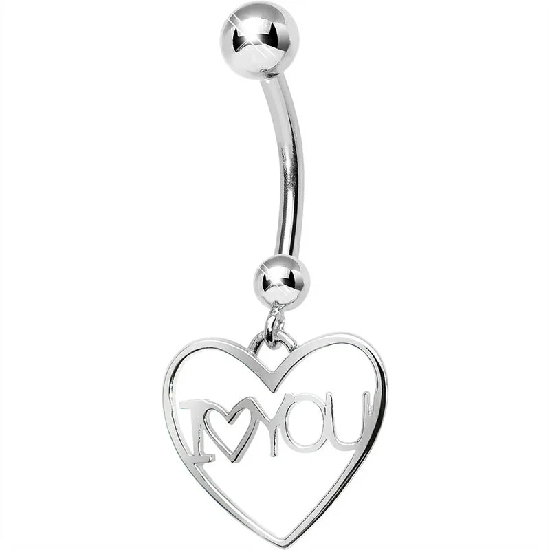 925 Sterling Silver I Love You Heart Dangle Belly Ring