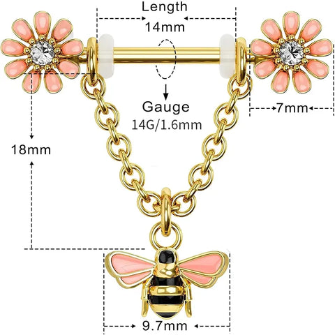Dainty Flower Nipple Ring Barbell with Bee Charm 5