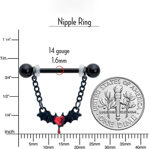 14G 9/16" Red Gem Black Bleeding Heart Bat Nipple Rings