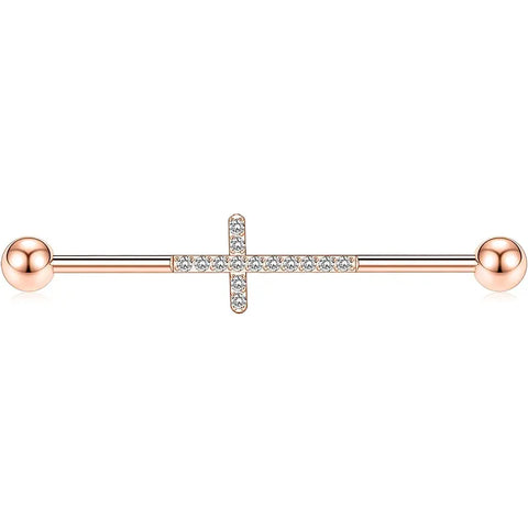 14G Surgical Steel Rose Gold with Cross CZ 1/2" Industrial Barbell