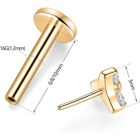 G23 Pin Style Gold 3 White Zircon Lip Studs 1.2*8