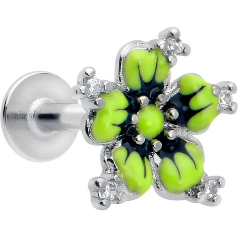 16G Clear CZ Gem Green Flower Flatback Earring