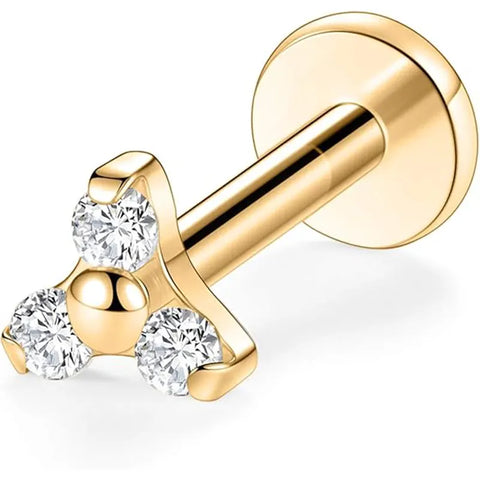 G23 Pin Style Gold 3 White Zircon Lip Studs 1.2*8