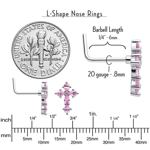 20G 7mm Pink CZ Cross Charm Stainless Steel L-Shaped Nose Stud