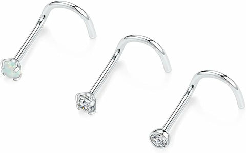 Nose Screws Nostril Curves Nose Hoops Nose Piercing Jewelry Nose Rings 20 Gauge 7mm Grade 23 Titanium 20g Nose Stud Set Nose Studs 20G 3Pcs Nostril Piercing Jewelry Prong Set 2mm CZ and Opal Studs