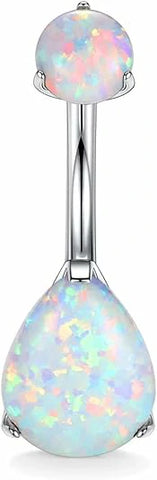 GAGABODY 14G Belly Piercing Jewelry White Opal G23 Titanium Barbell Internally Threaded Belly Silver Body Piercing Ring 3/8" Body Jewelry Belly Rings Water Droplets Belly Button Rings