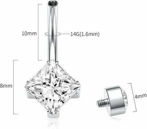 GAGABODY 14G Titanium Belly Button 10mm Belly Button Rings Navel Rings Belly Ring Square Shape Clear Cubic Zirconia Piercing for Navel Body Jewelry for Women Silver Belly Piercings