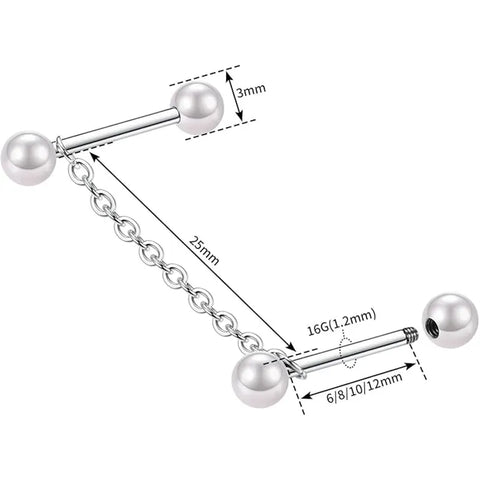 316L Cartilage Nail Single Chain Double Rod 1.2*6*4*4 Silver White Pearl