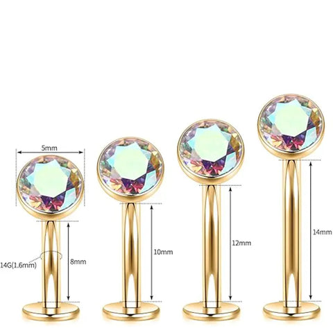 G23 Round Flat Bottom Belly Button Nail 1.6*8*5 Gold White AB Zircon