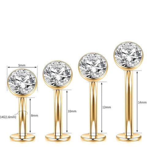 G23 Round Flat Bottom Belly Button Nail 1.6*14*5 Gold White Zircon