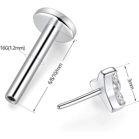 G23 Pin Style Silver 3 Zirconia Lip Nail 1.2*8