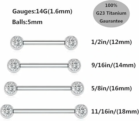 GAGABODY Nipple Barbells 14G Nipple Piercings Clear CZ Nipple Rings G23 Titanium Nipple Jewelry Nipple Ring for Women 14mm Silver Barbell Nipple Rings