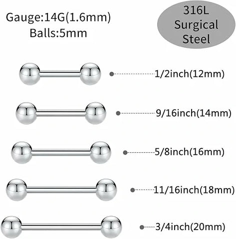 14G Nipple Rings for Women 12mm Nipple Piercing Silver Nipple Jewelry 14mm Stainless Steel Nipplerings Tongue Barbell 16mm Straight Nipple Piercing Jewelry 18mm Silver Barbells Piercing Jewelry 20mm