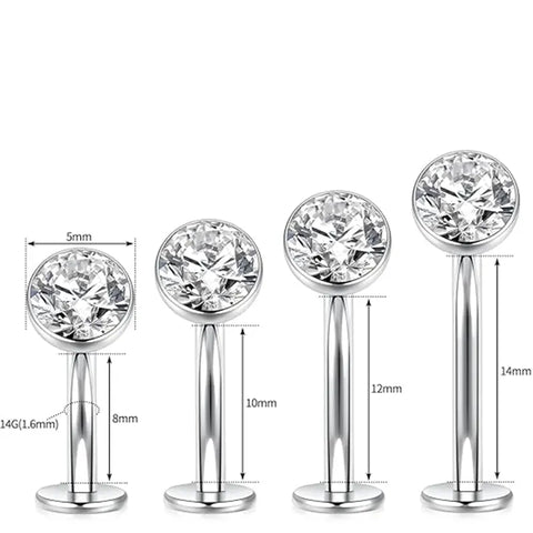G23 Silver Round Flat Bottom Transparent Zircon Navel Nail Nail 1.6*10*5